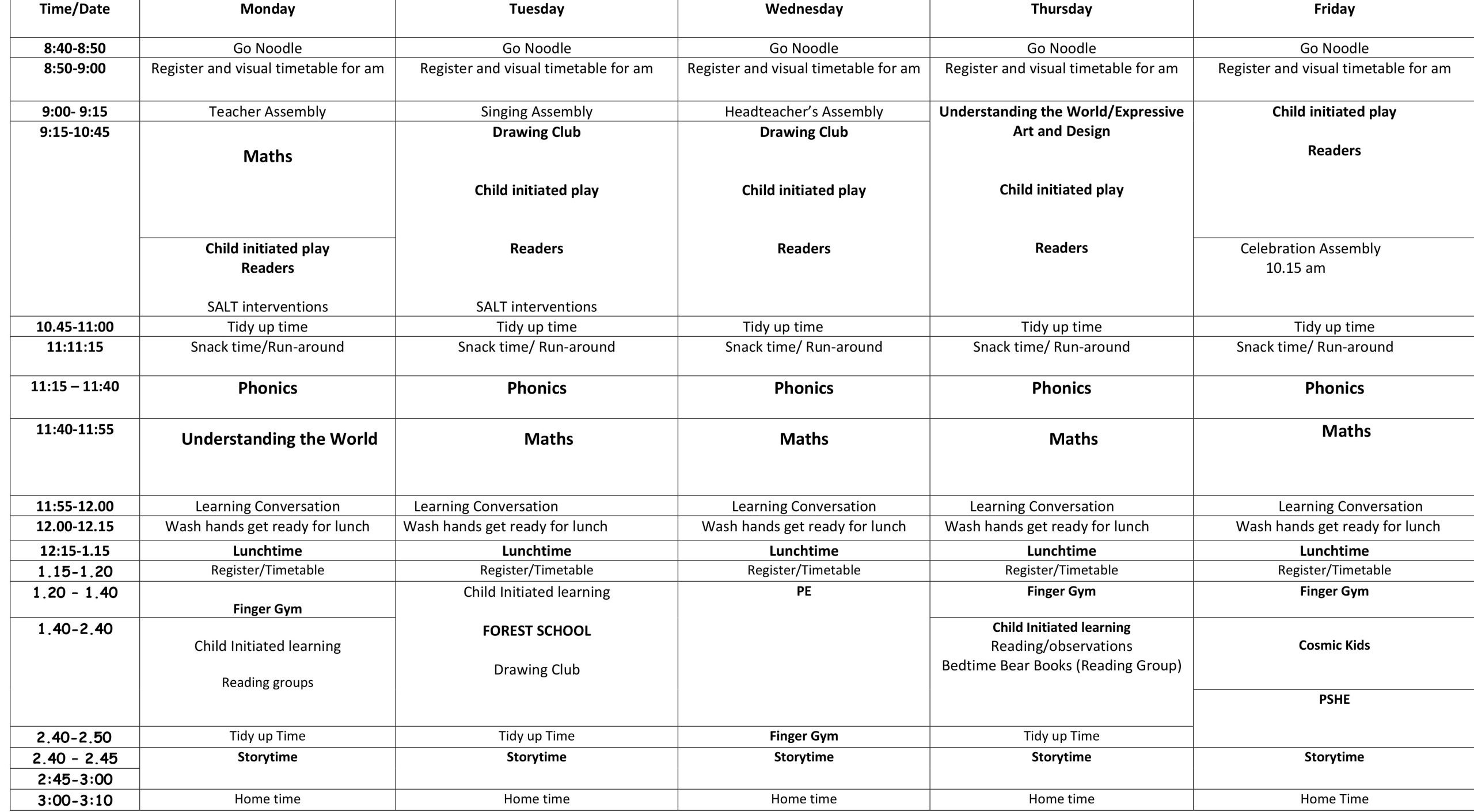 Reception Weekly Timetable
