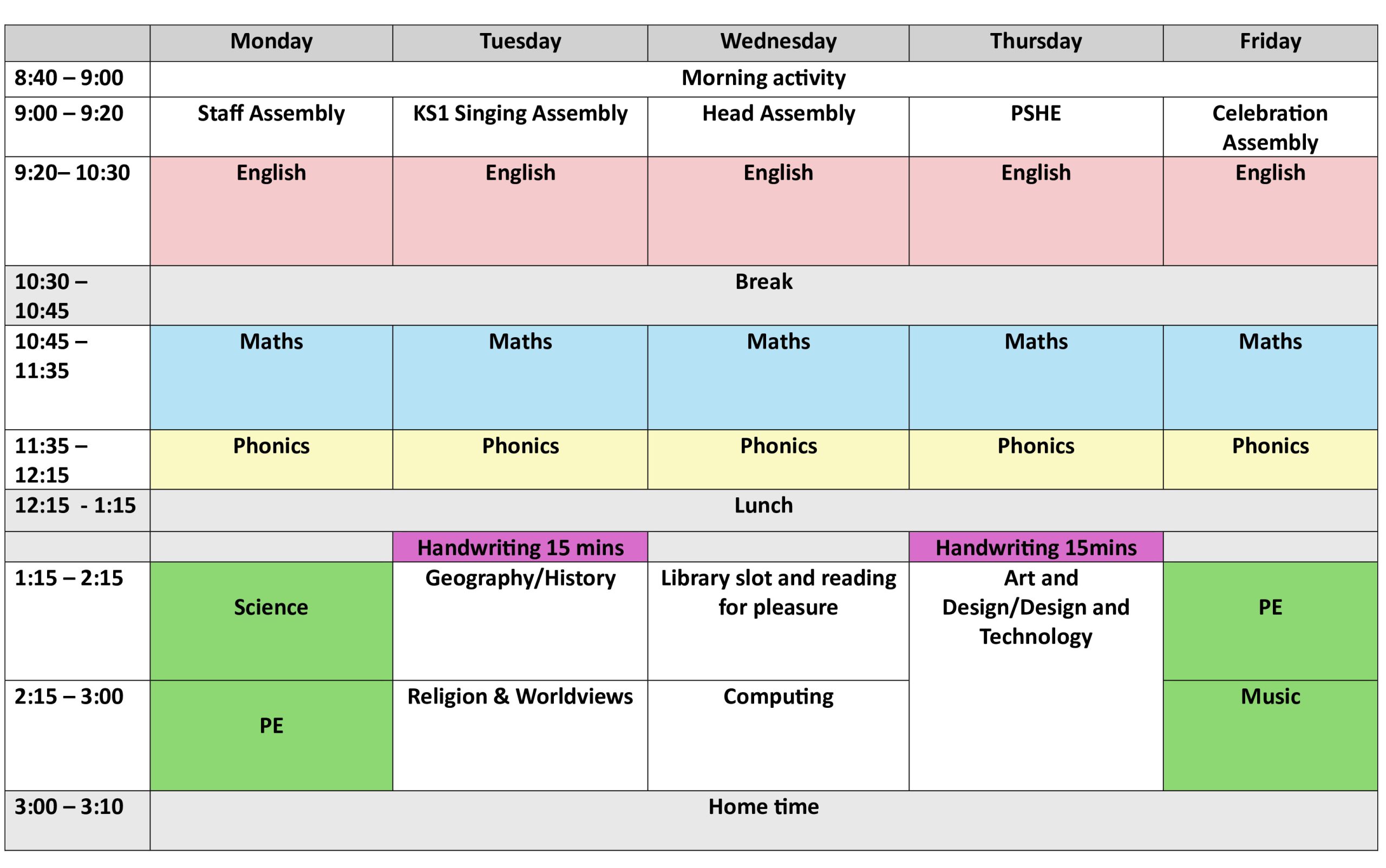 Y1 Weekly timetable